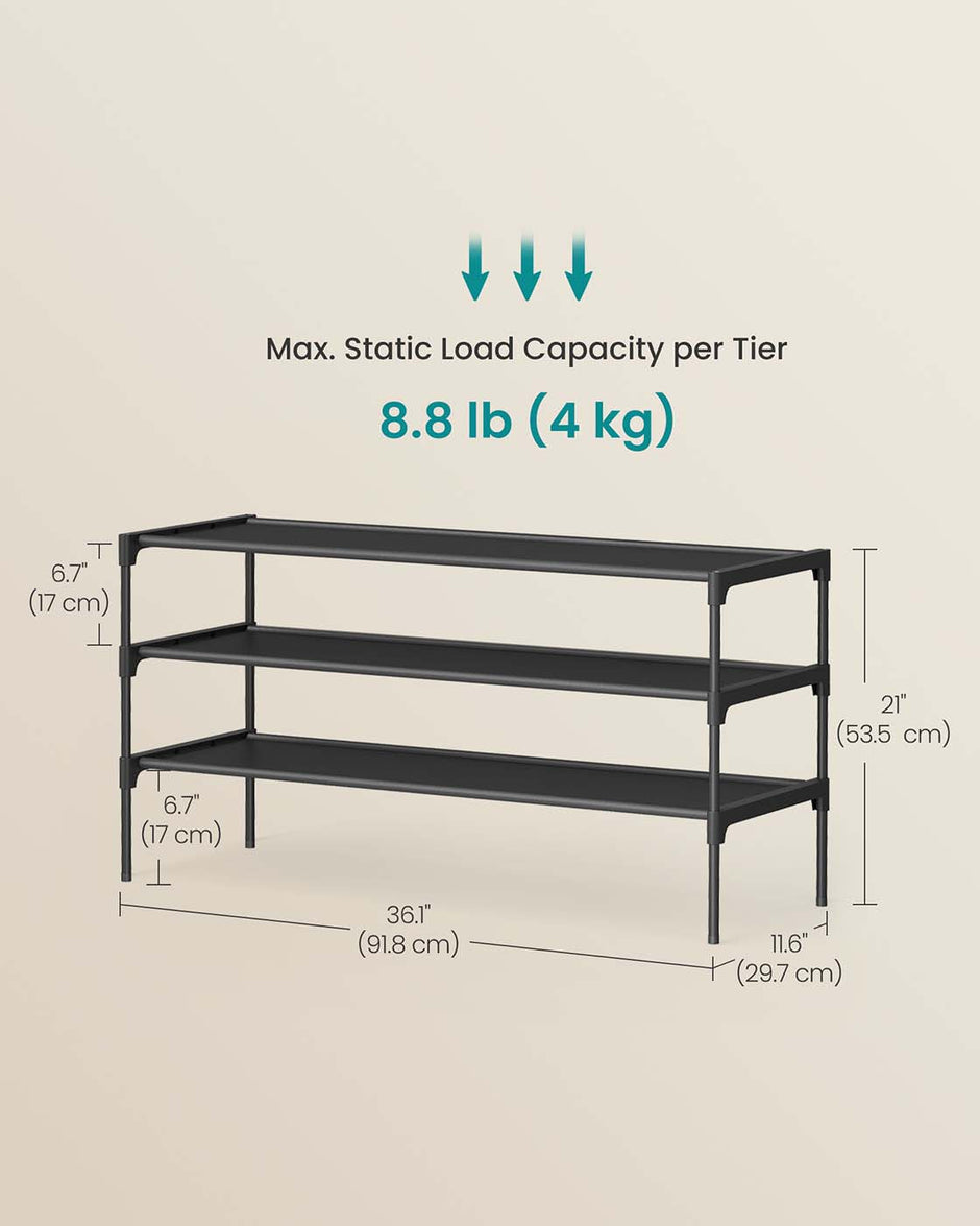 3-Tier Shoe Rack – Metal Frame – Ink Black – Space-Saving Design with Fabric Shelves