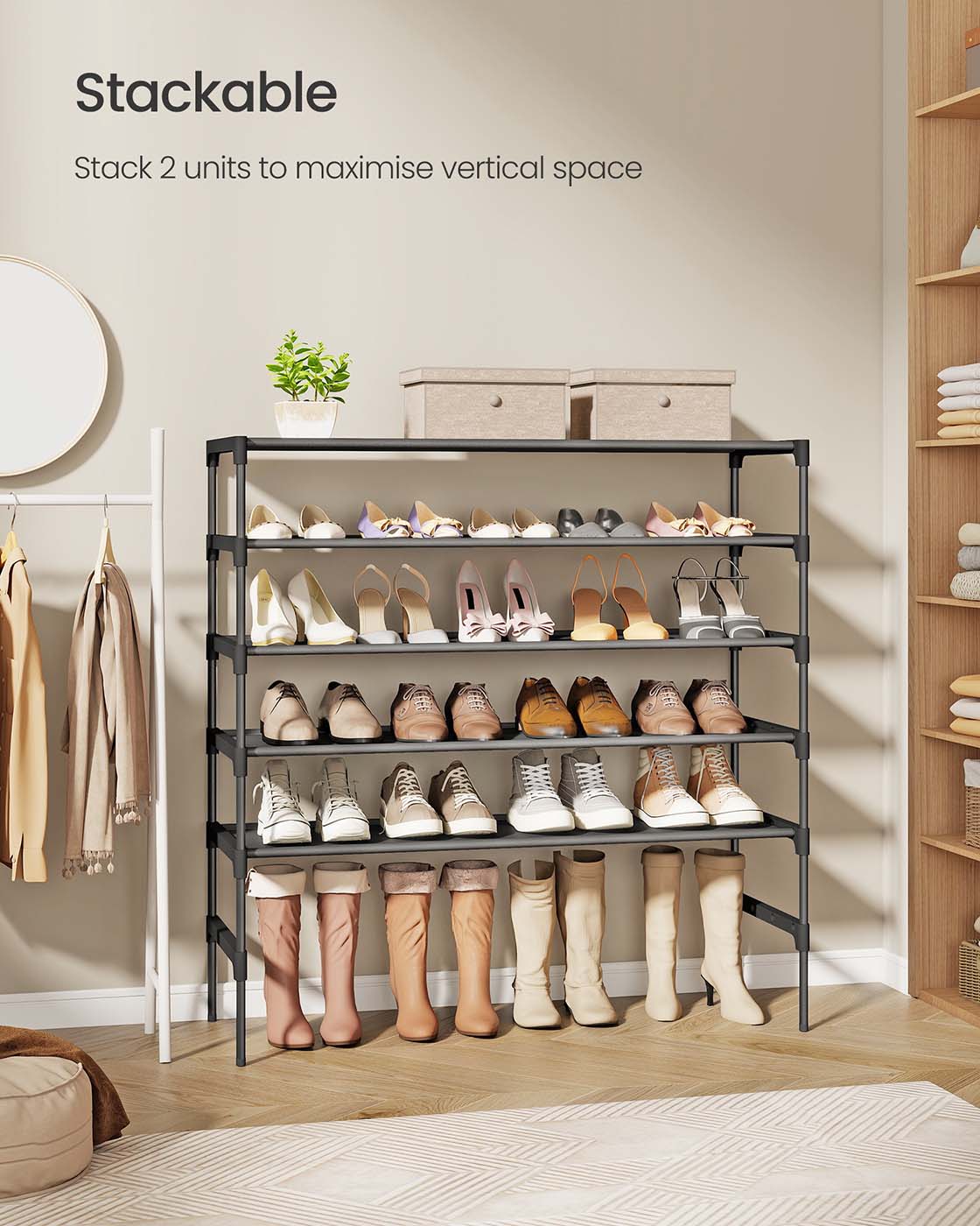 3-Tier Shoe Rack – Metal Frame – Ink Black – Space-Saving Design with Fabric Shelves