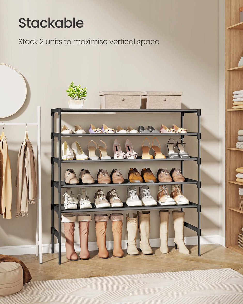 3-Tier Shoe Rack – Metal Frame – Ink Black – Space-Saving Design with Fabric Shelves