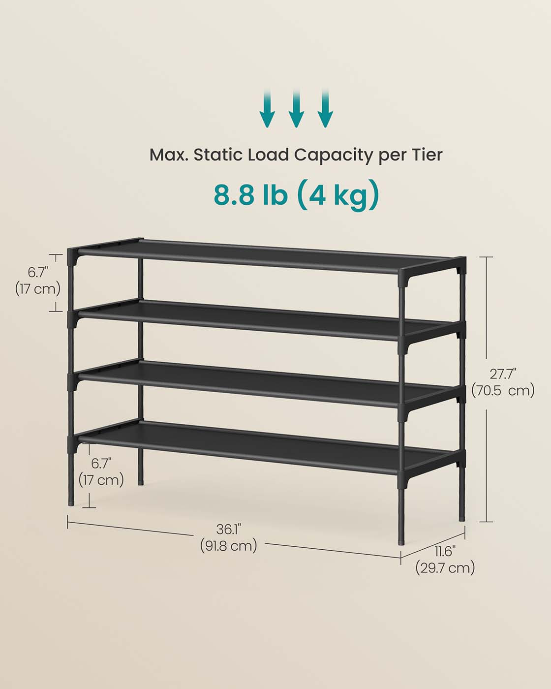 4-Tier Shoe Rack – Non-Woven Fabric – Ink Black – Space-Saving Design