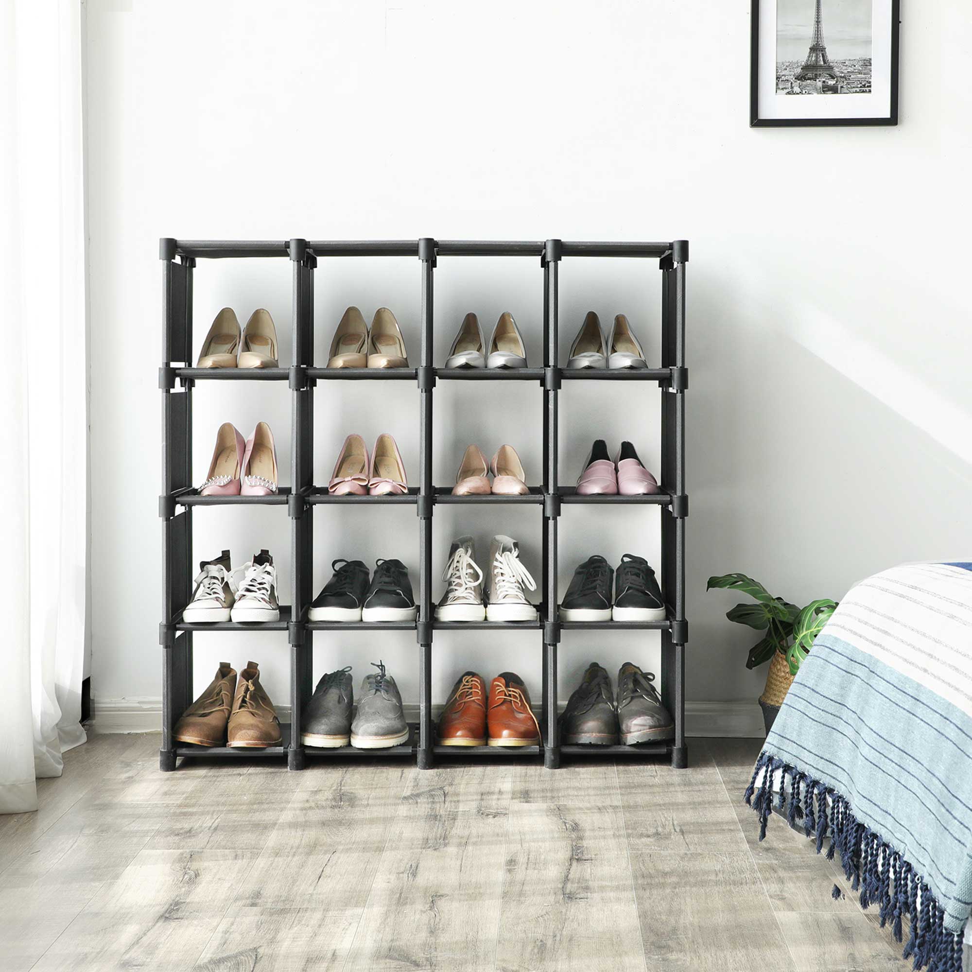 16-Cube Shoe Rack – Engineered Wood – Black – DIY Modular Design and Versatile Storage Solution