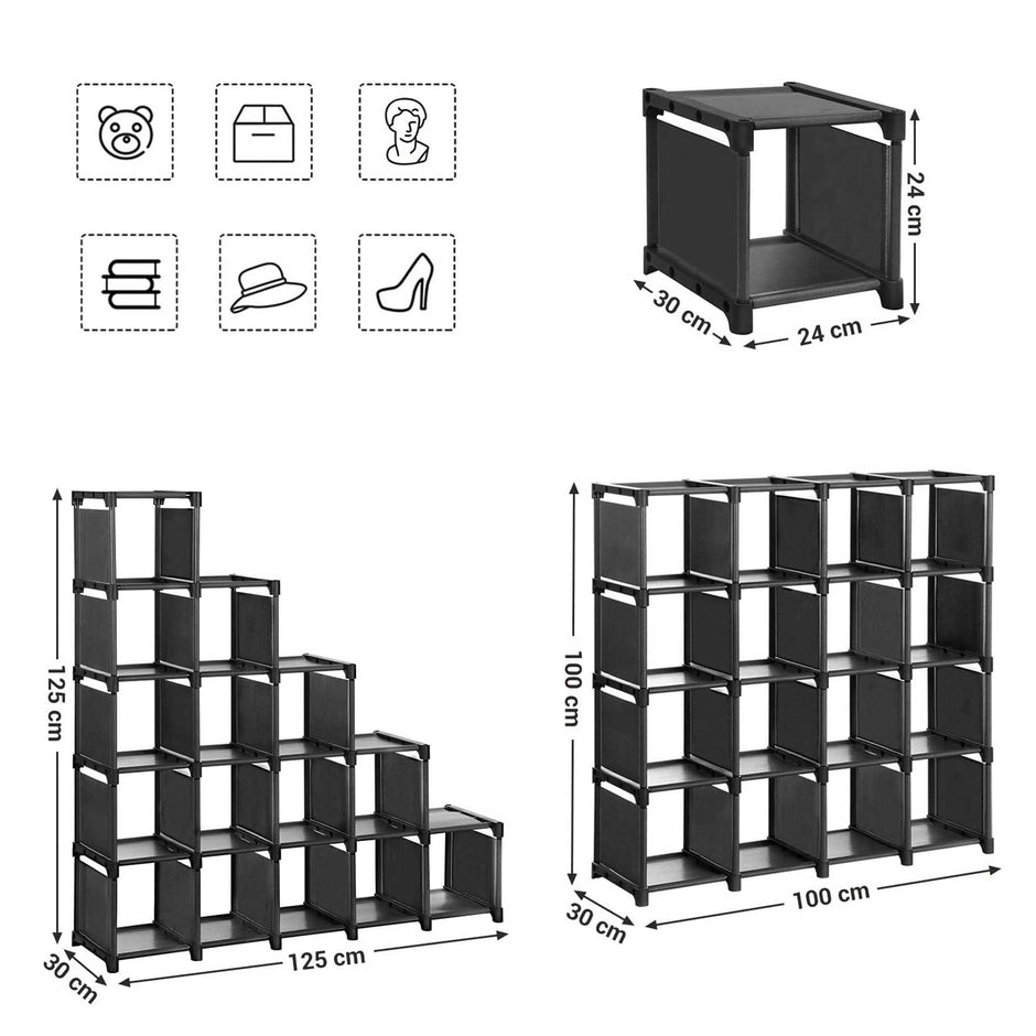 16-Cube Shoe Rack – Engineered Wood – Black – DIY Modular Design and Versatile Storage Solution
