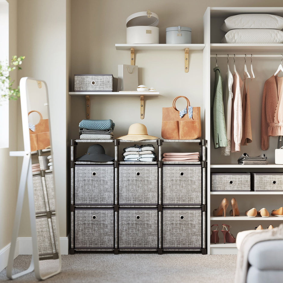 9-Cube Storage Unit – Wood – Heather Grey – Versatile Closet and Bookcase Organizer