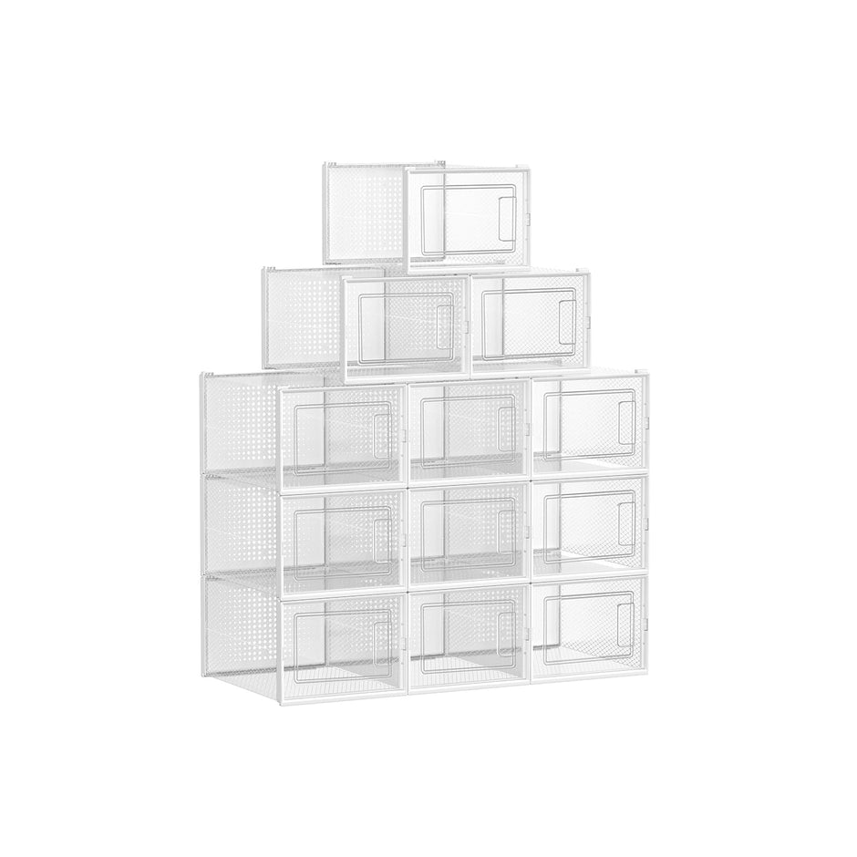Shoe Storage Boxes – Plastic – Transparent and White – Stackable and Versatile, Set of 12