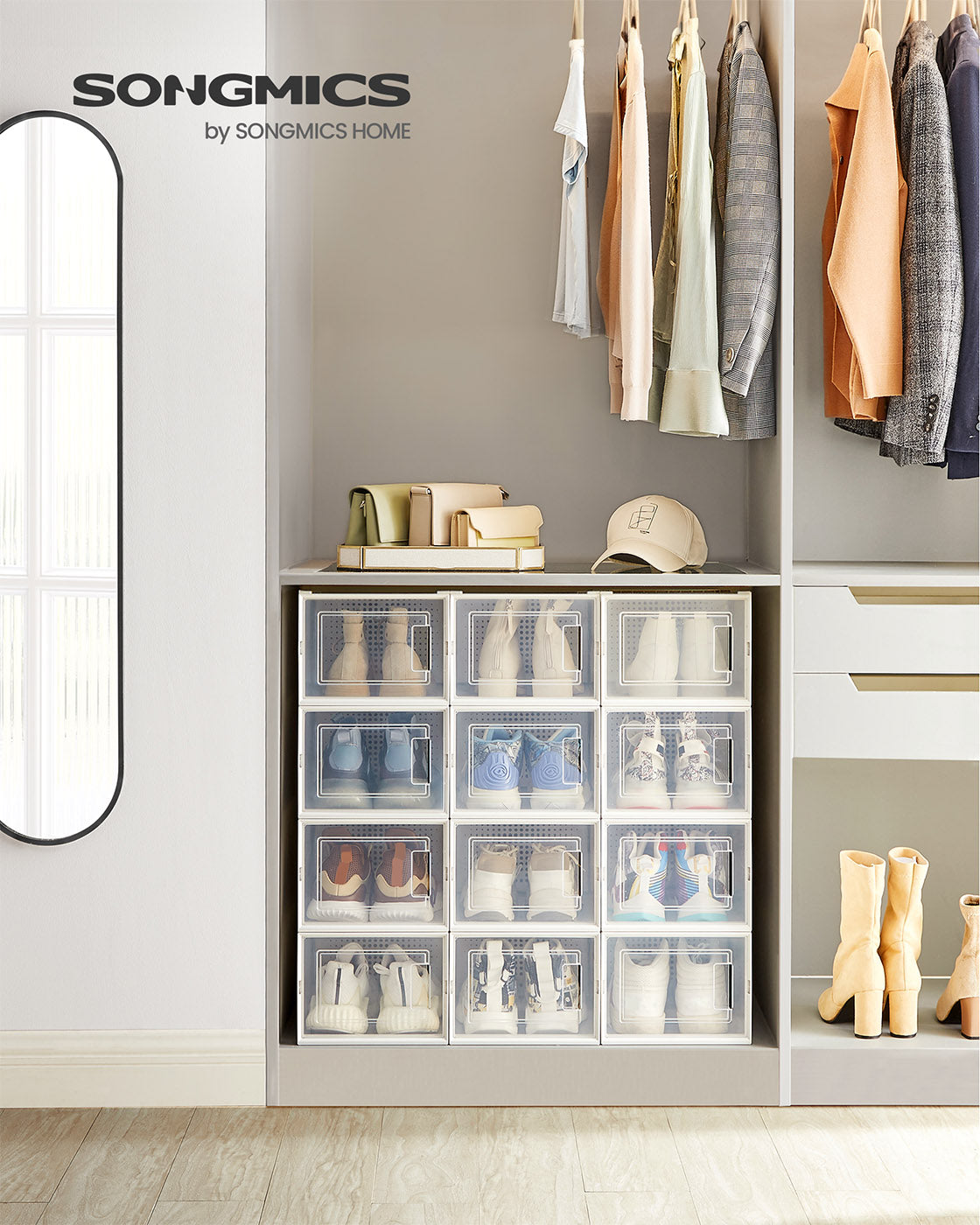 Shoe Storage Boxes – Plastic – Transparent and White – Stackable and Versatile, Set of 12