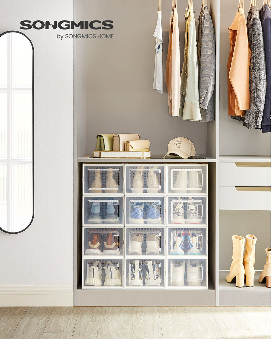 Shoe Storage Boxes – Plastic – Transparent and White – Stackable and Versatile, Set of 12