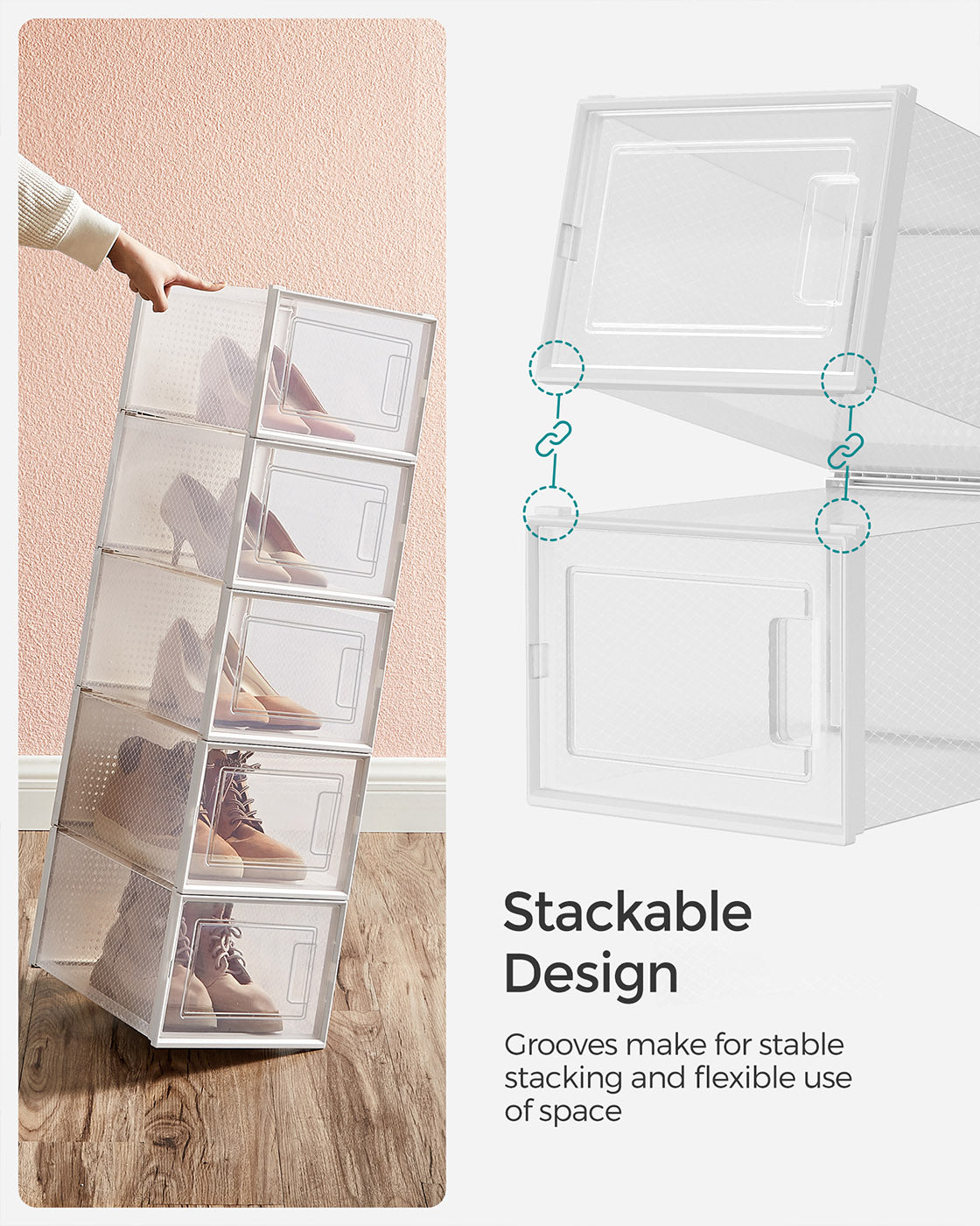 Shoe Storage Boxes – Plastic – Transparent and White – Stackable and Versatile, Set of 12