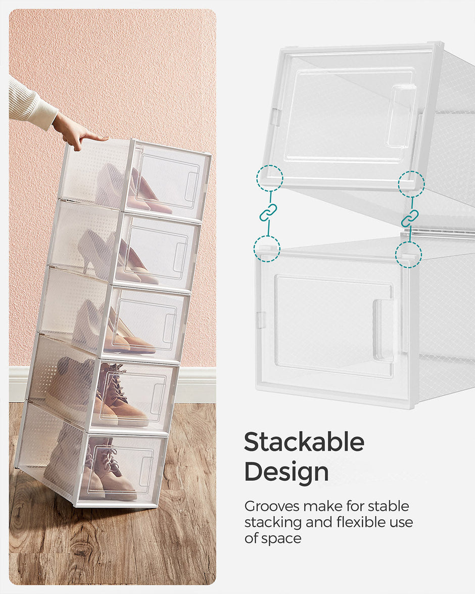 Shoe Storage Boxes – Plastic – Transparent and White – Stackable and Versatile, Set of 12