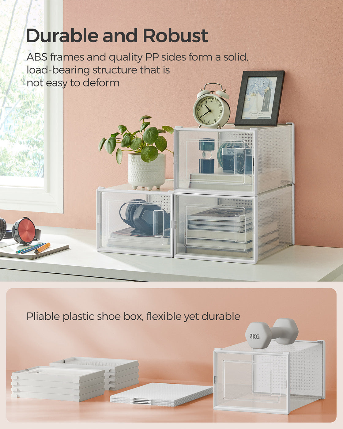Shoe Storage Boxes – Plastic – Transparent and White – Stackable and Versatile, Set of 12