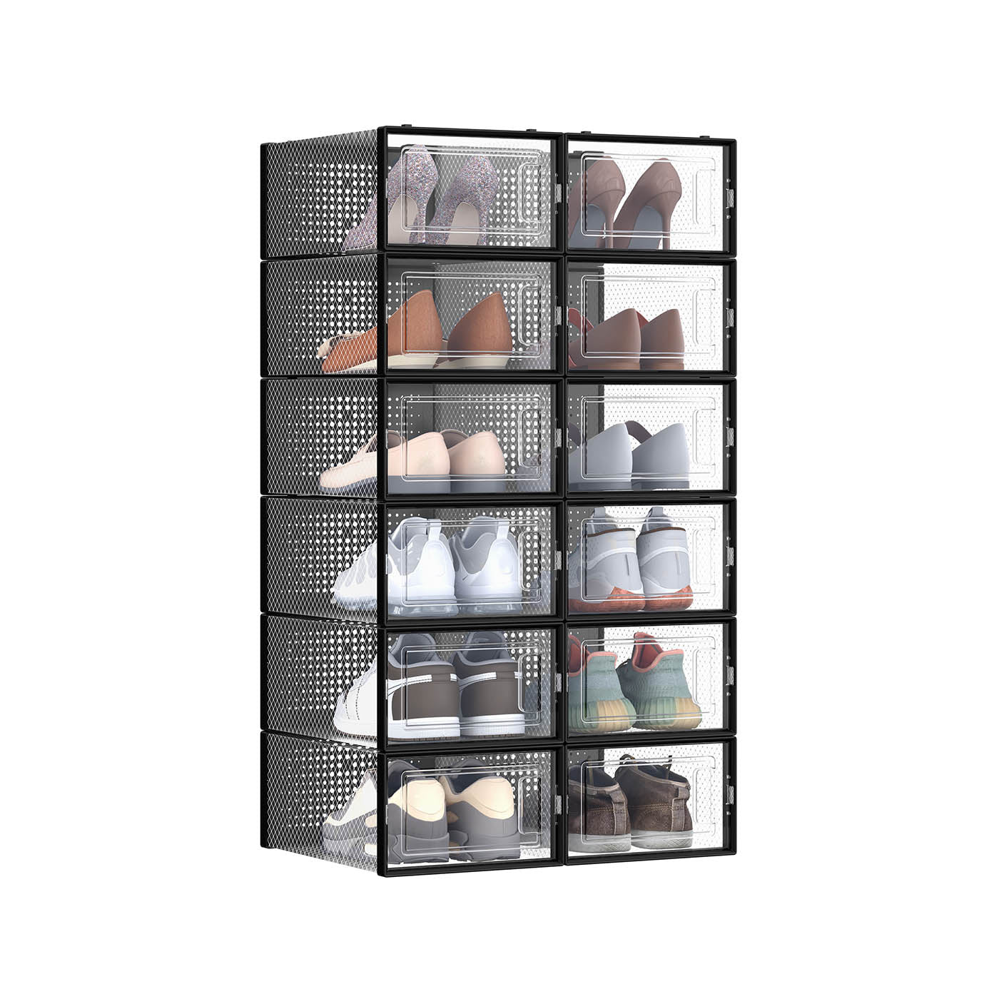 Shoe Storage Boxes – Transparent Plastic – Ink Black – Stackable Organizer for Sizes Up to UK 11