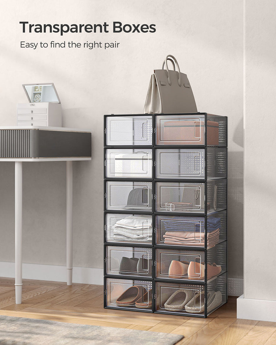 Shoe Storage Boxes – Transparent Plastic – Ink Black – Stackable Organizer for Sizes Up to UK 11