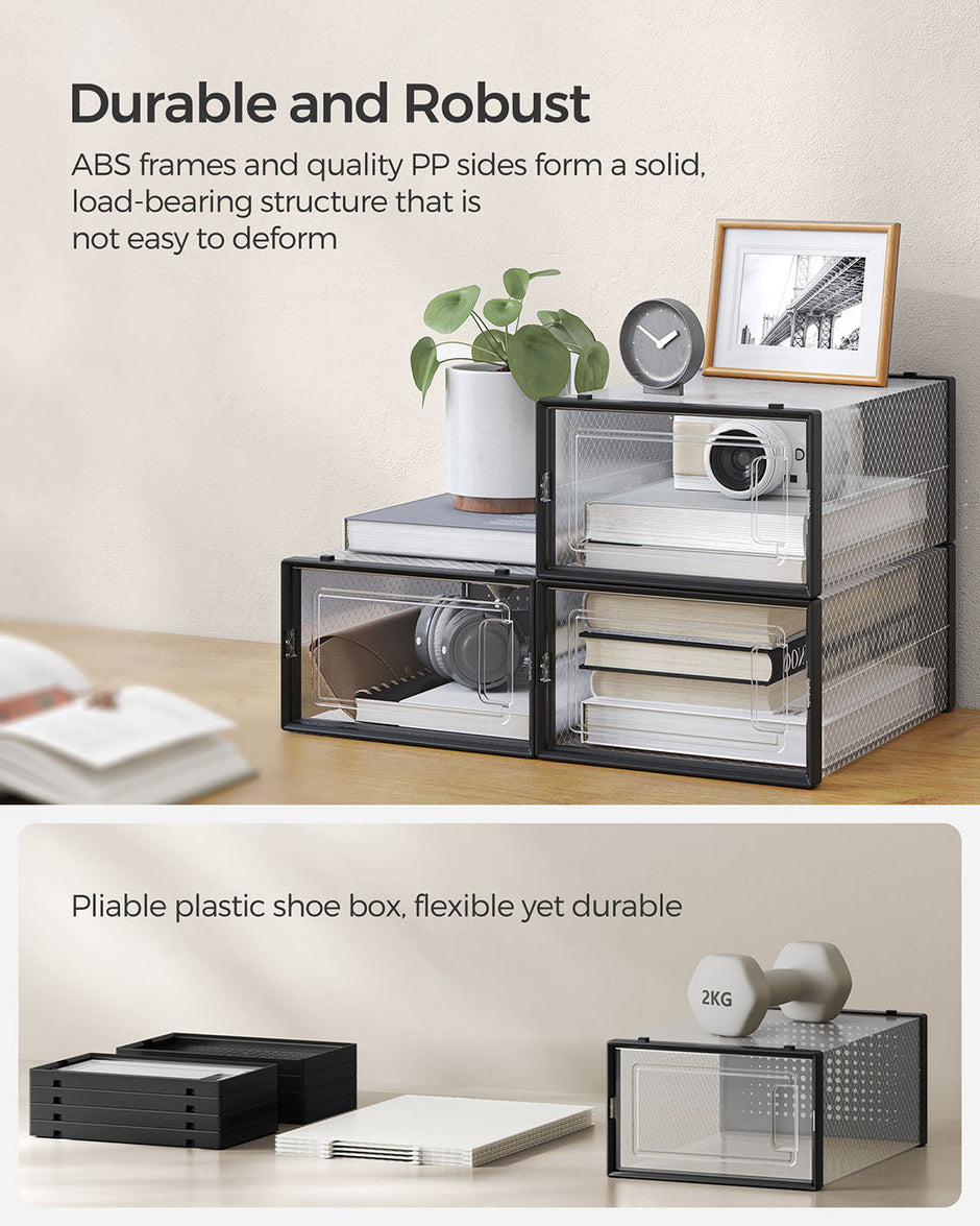 Shoe Storage Boxes – Transparent Plastic – Ink Black – Stackable Organizer for Sizes Up to UK 11