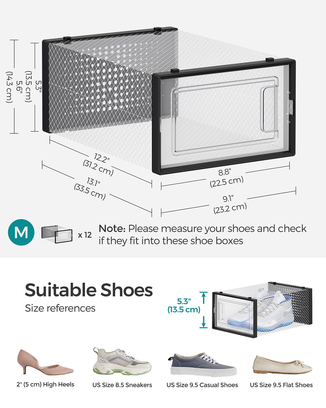 Shoe Storage Boxes – Transparent Plastic – Ink Black – Stackable Organizer for Sizes Up to UK 11