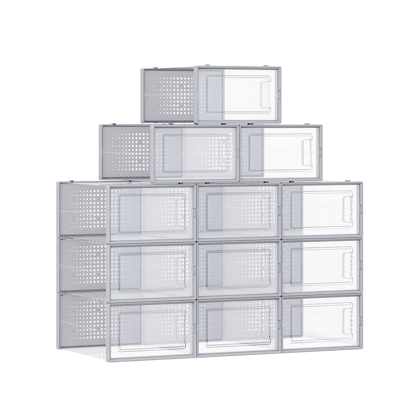 Stackable Shoe Boxes – Clear Plastic – Dove Grey – Set of 12 with Lids