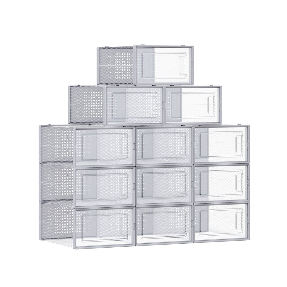 Stackable Shoe Boxes – Clear Plastic – Dove Grey – Set of 12 with Lids