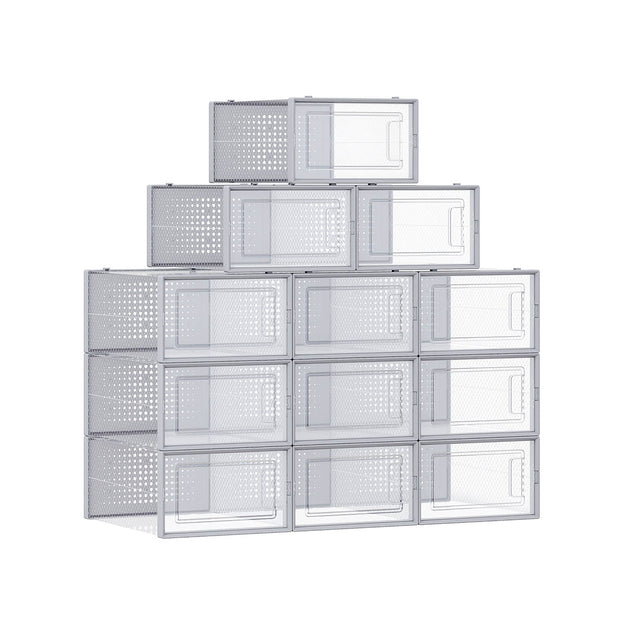 Stackable Shoe Boxes – Clear Plastic – Dove Grey – Set of 12 with Lids