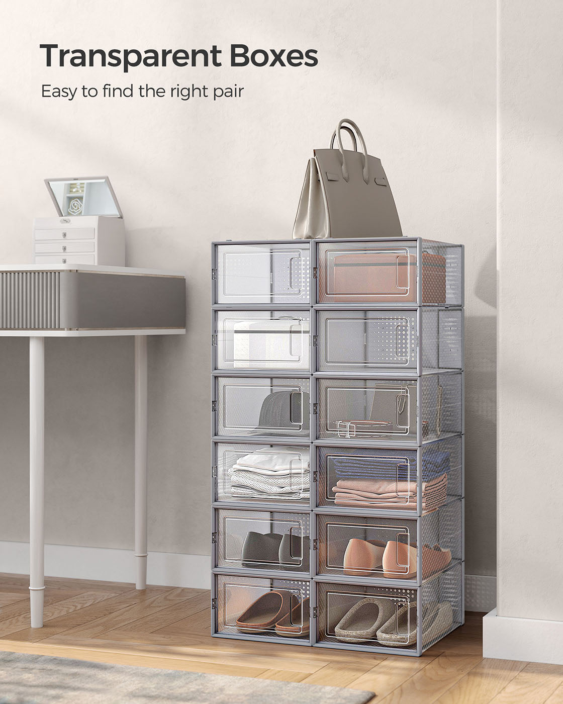 Stackable Shoe Boxes – Clear Plastic – Dove Grey – Set of 12 with Lids