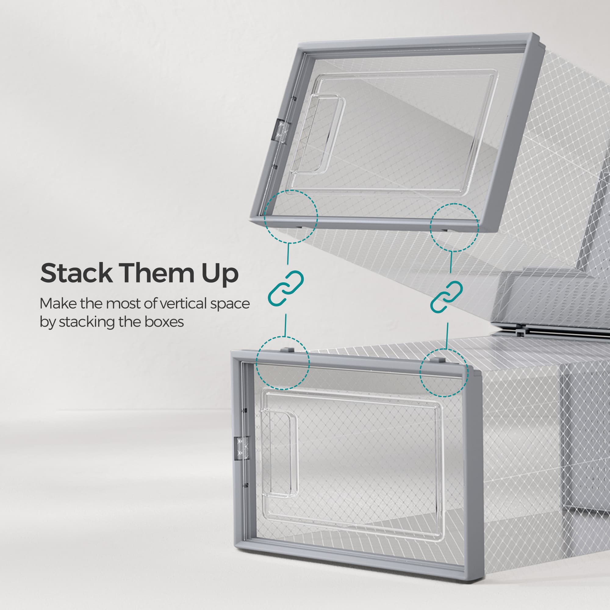 Pack of 12 Stackable Shoe Boxes – Transparent and Dove Grey – Fits UK Size 11