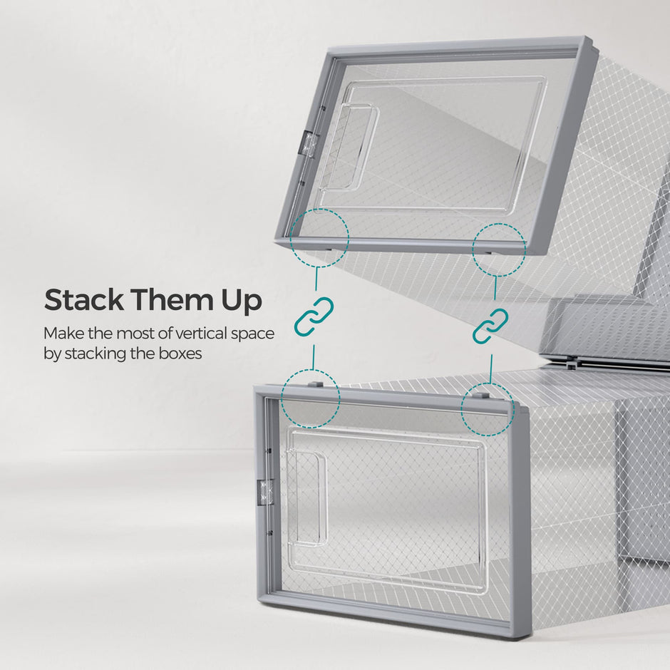 Pack of 12 Stackable Shoe Boxes – Transparent and Dove Grey – Fits UK Size 11