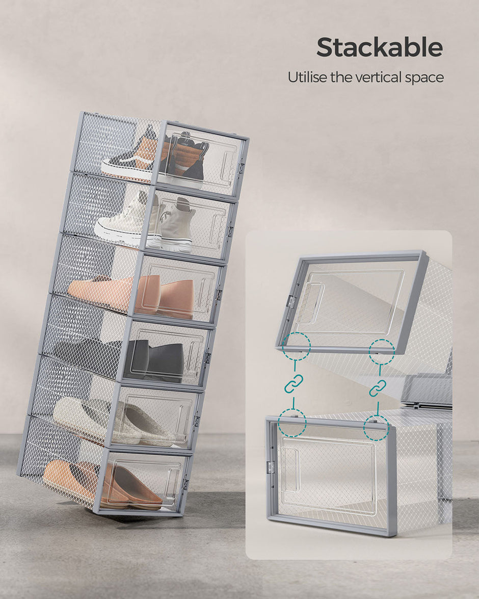 Stackable Shoe Boxes – Clear Plastic – Dove Grey – Set of 12 with Lids