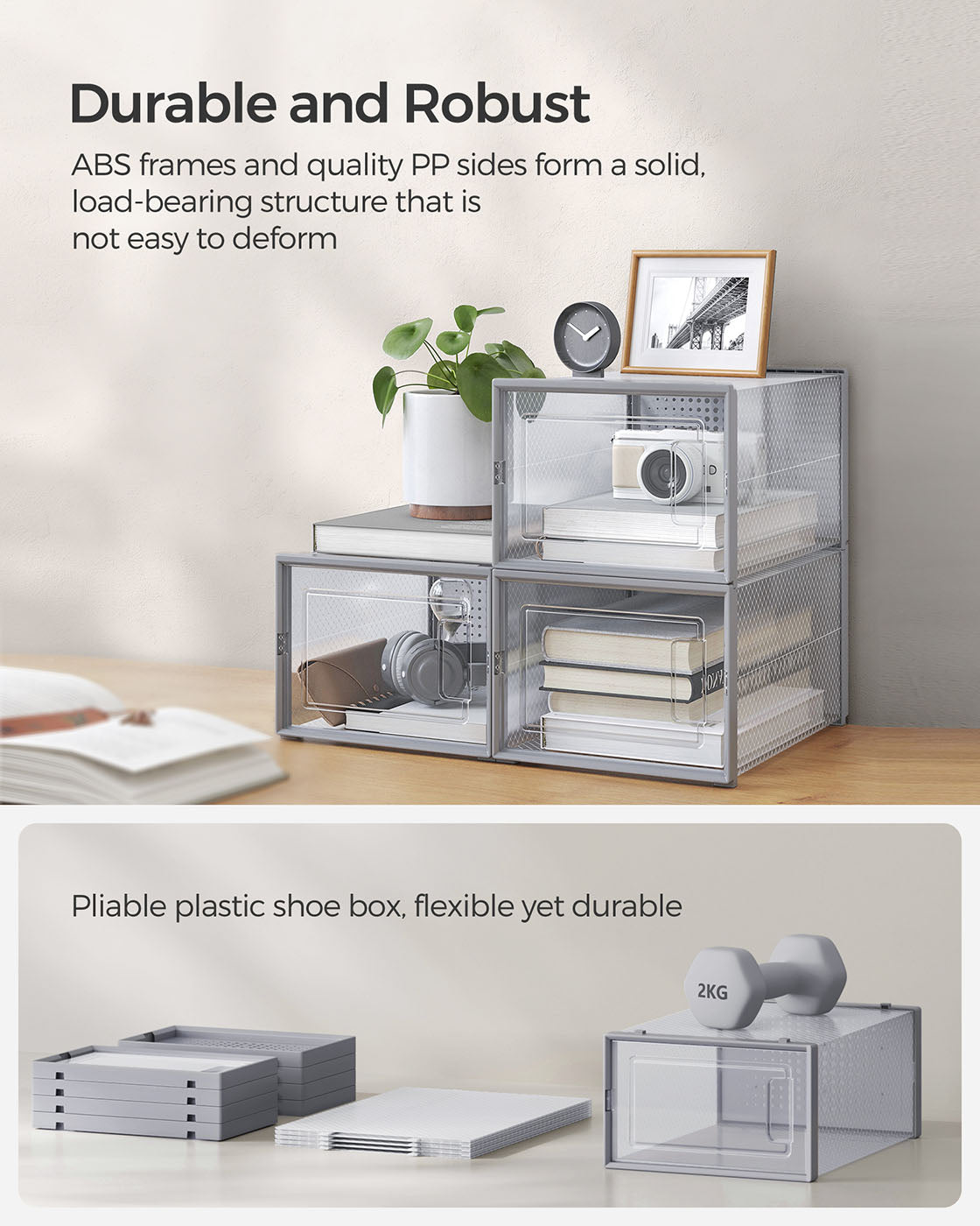 Stackable Shoe Boxes – Clear Plastic – Dove Grey – Set of 12 with Lids