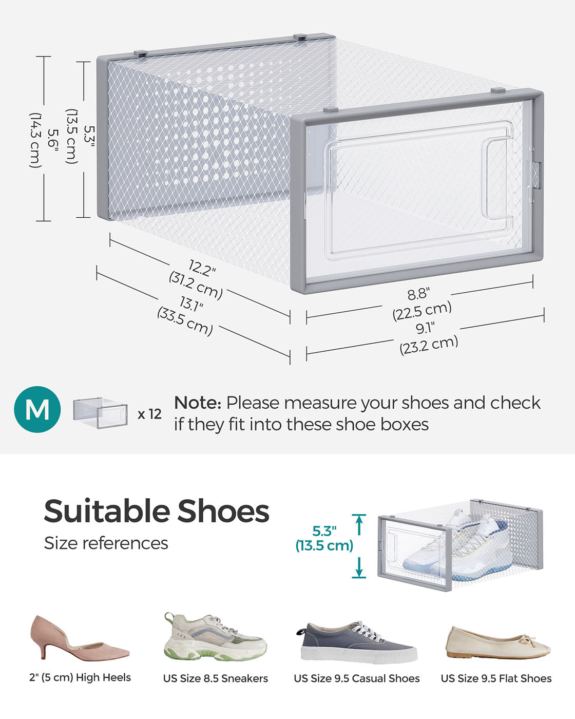 Stackable Shoe Boxes – Clear Plastic – Dove Grey – Set of 12 with Lids