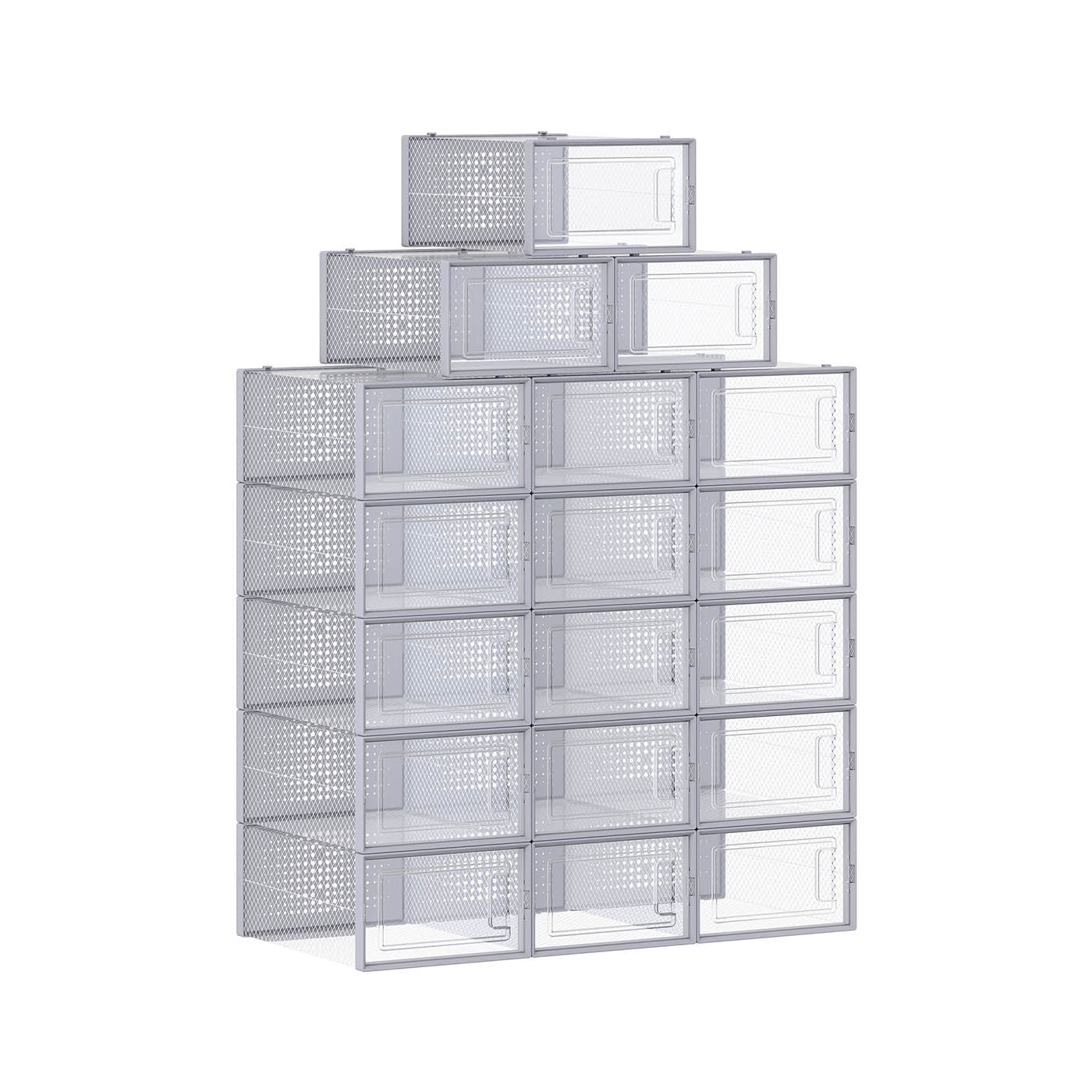 Pack of 18 Stackable Shoe Storage Organisers – Plastic – Transparent and White – Foldable and Versatile for Sneakers, Fits up to UK Size 9