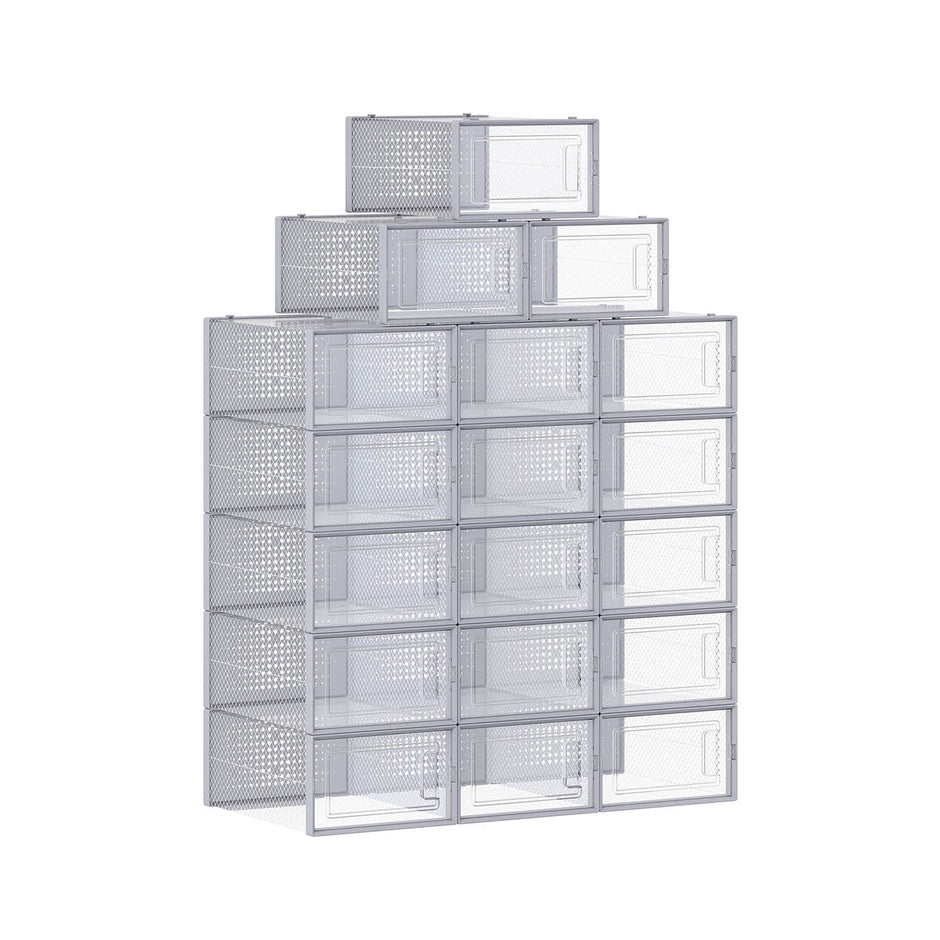 Pack of 18 Stackable Shoe Storage Organisers – Plastic – Transparent and White – Foldable and Versatile for Sneakers, Fits up to UK Size 9