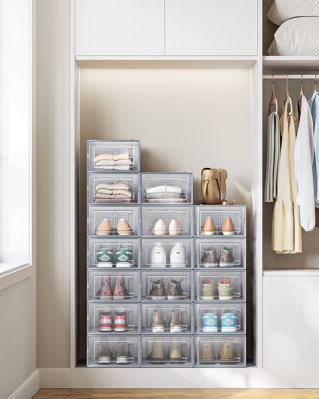 Pack of 18 Stackable Shoe Storage Organisers – Plastic – Transparent and White – Foldable and Versatile for Sneakers, Fits up to UK Size 9