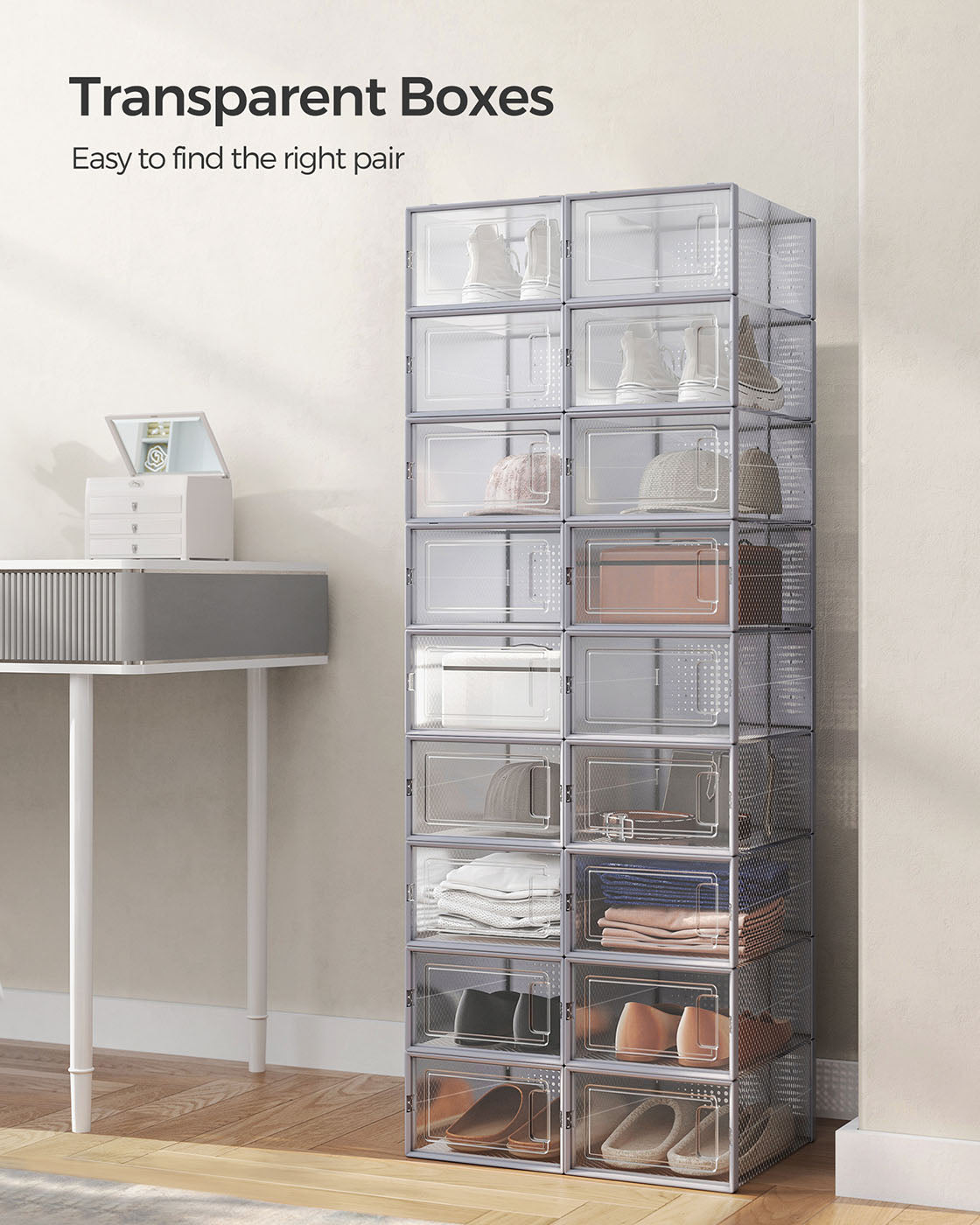 Pack of 18 Stackable Shoe Storage Organisers – Plastic – Transparent and White – Foldable and Versatile for Sneakers, Fits up to UK Size 9
