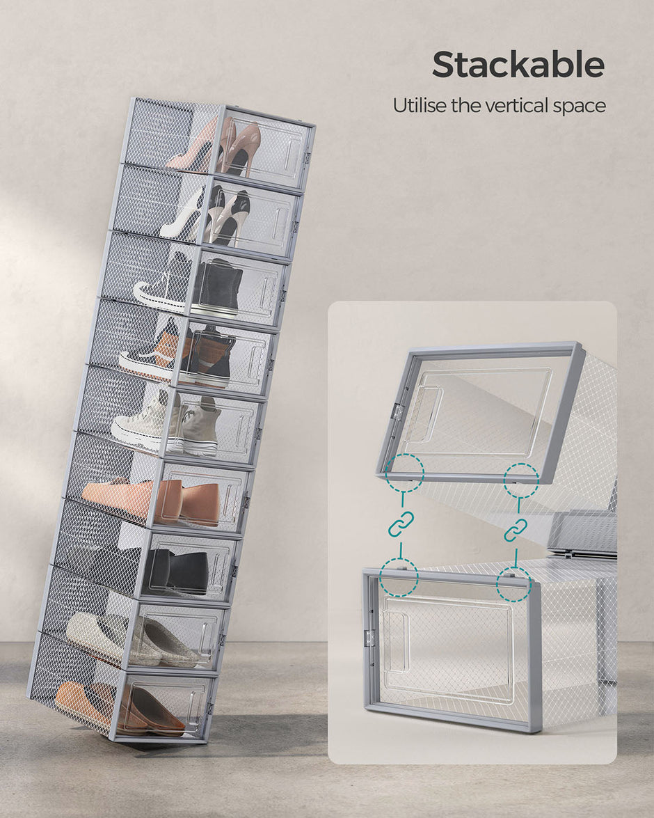 Pack of 18 Stackable Shoe Storage Organisers – Plastic – Transparent and White – Foldable and Versatile for Sneakers, Fits up to UK Size 9