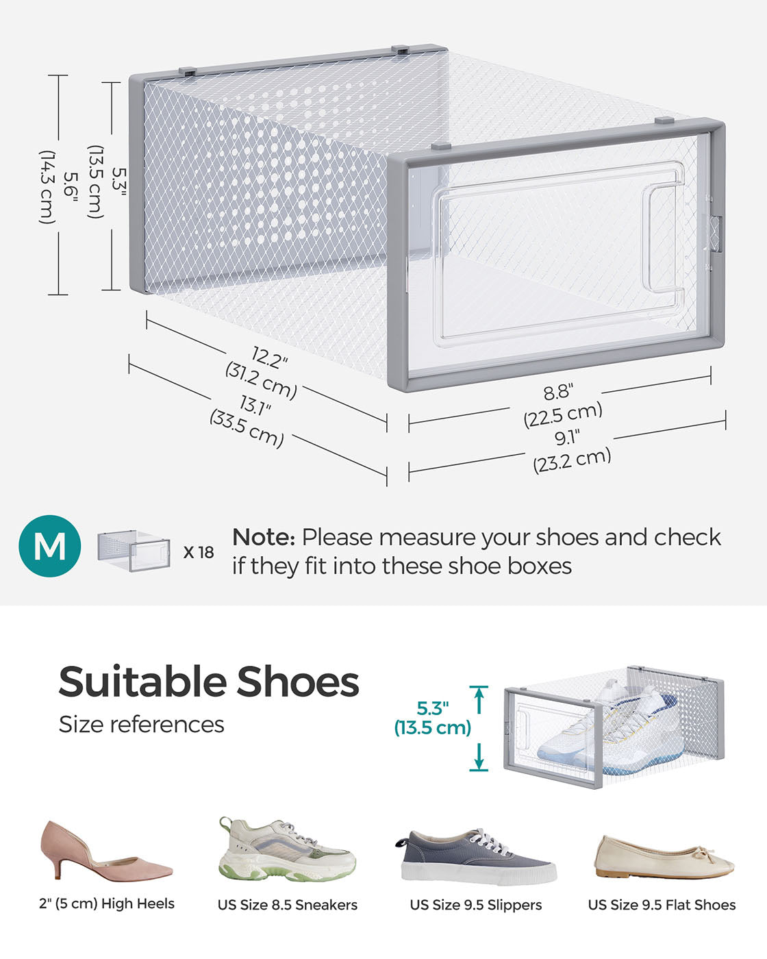 Pack of 18 Stackable Shoe Storage Organisers – Plastic – Transparent and White – Foldable and Versatile for Sneakers, Fits up to UK Size 9