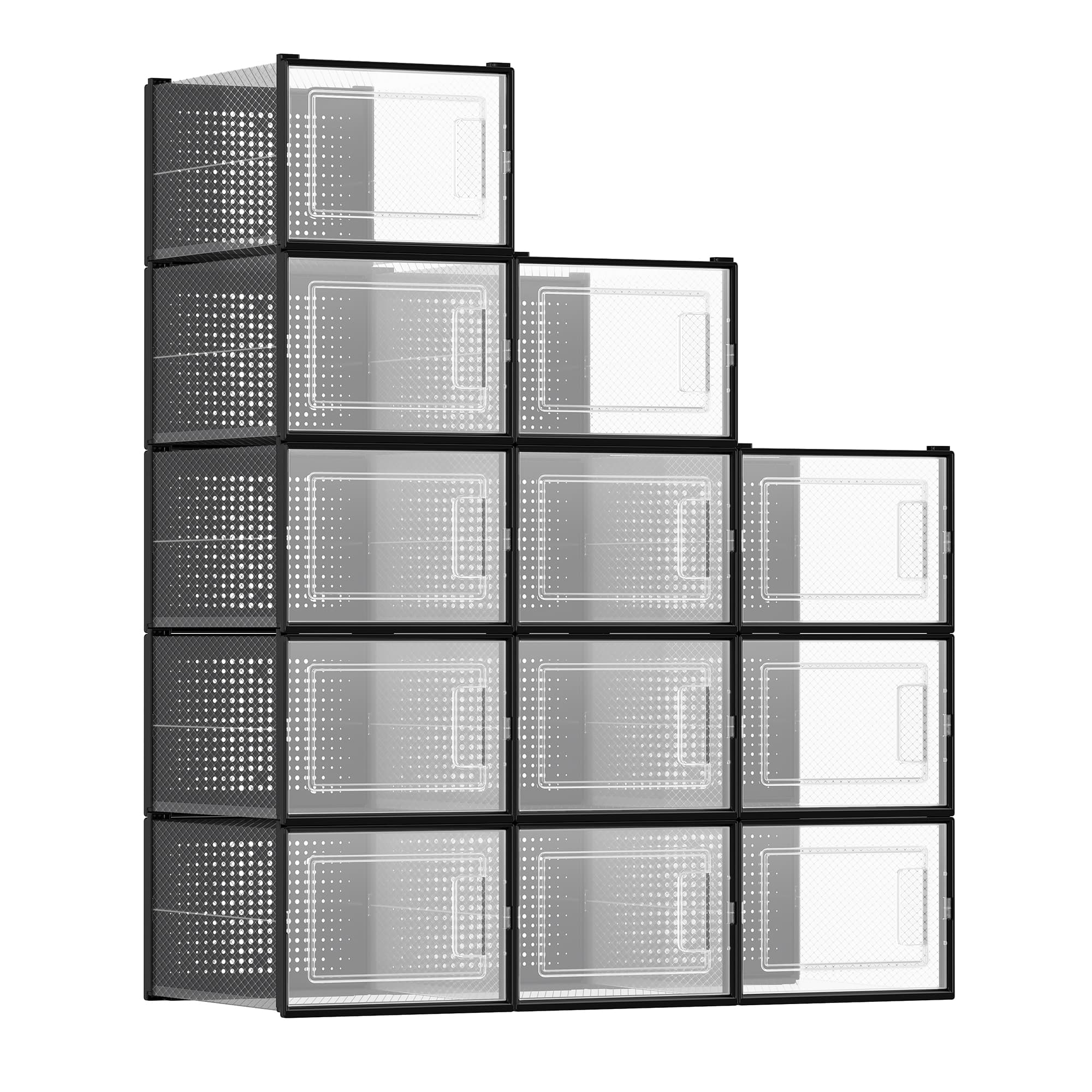 Pack of 12 Stackable Shoe Storage Organisers – Transparent and White – Foldable and Versatile for Sneakers, Fits up to UK Size 9