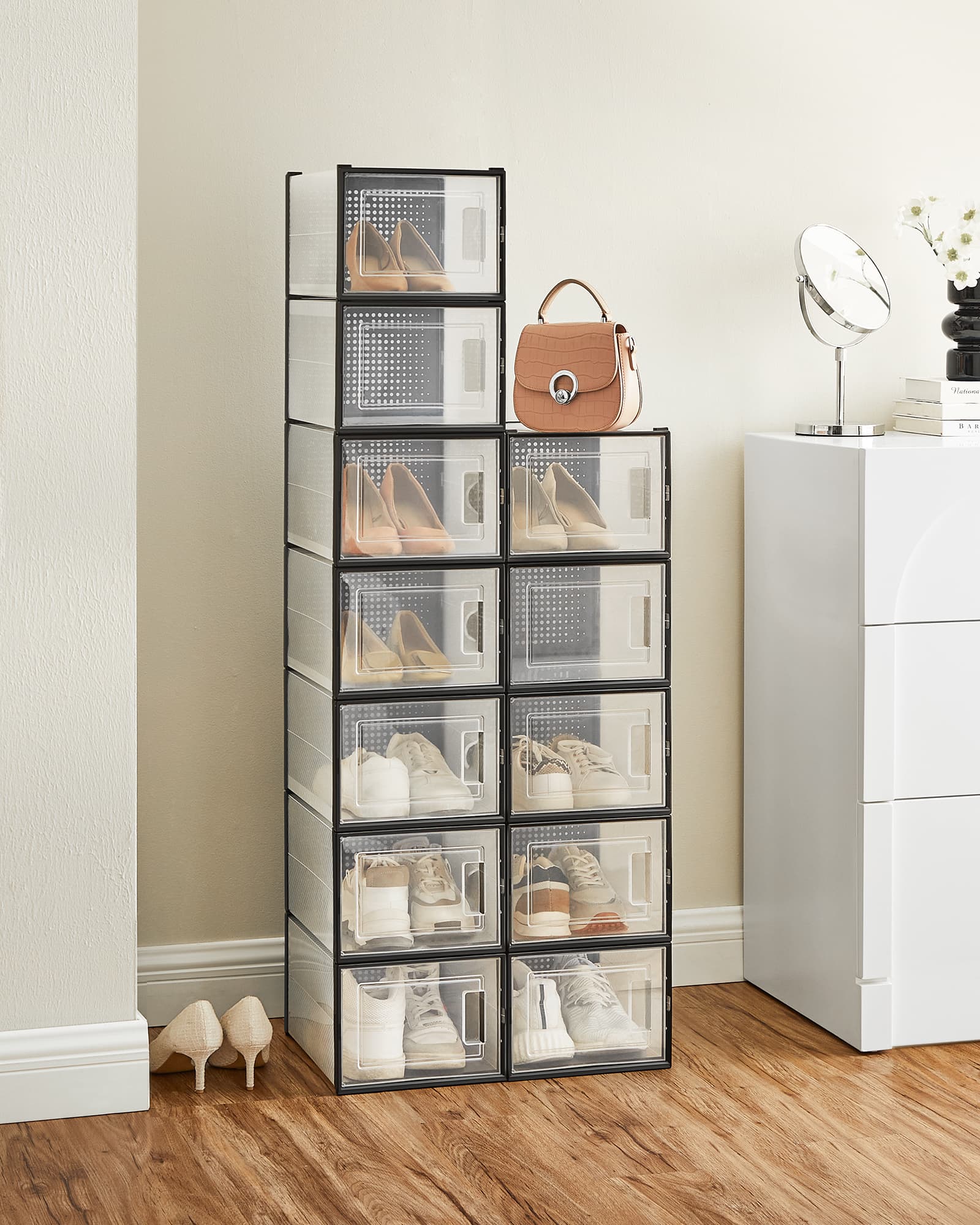 Pack of 12 Stackable Shoe Storage Organisers – Transparent and White – Foldable and Versatile for Sneakers, Fits up to UK Size 9