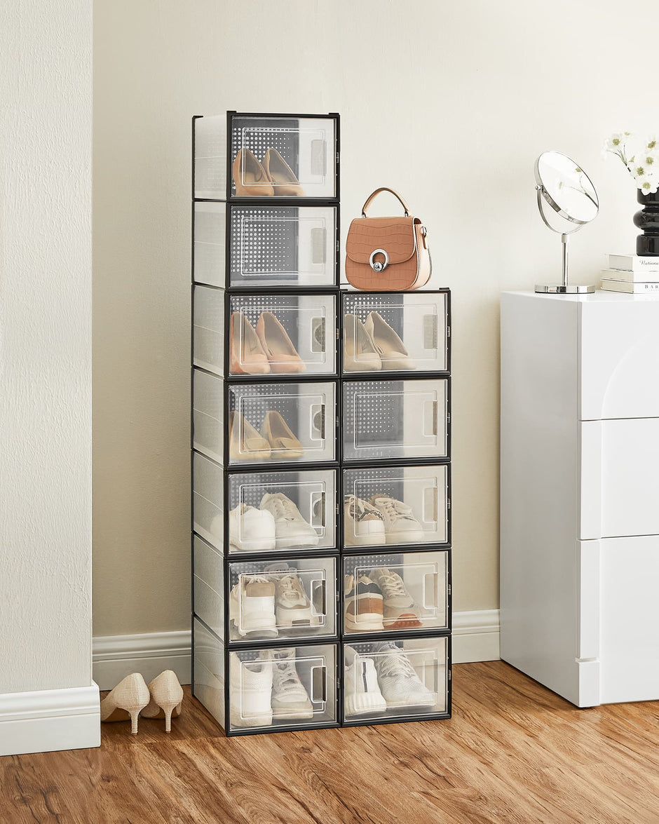 Pack of 12 Stackable Shoe Storage Organisers – Transparent and White – Foldable and Versatile for Sneakers, Fits up to UK Size 9