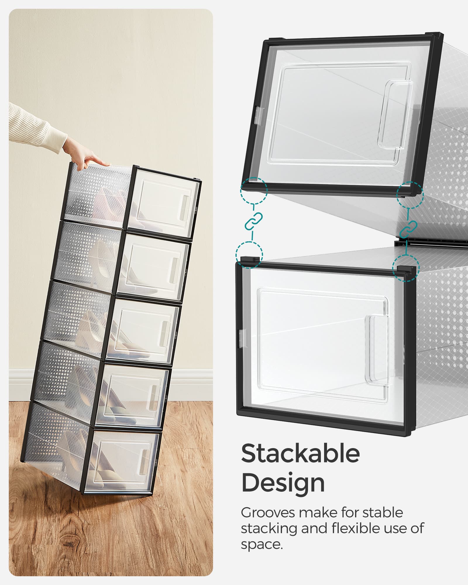 Pack of 12 Stackable Shoe Storage Organisers – Transparent and White – Foldable and Versatile for Sneakers, Fits up to UK Size 9