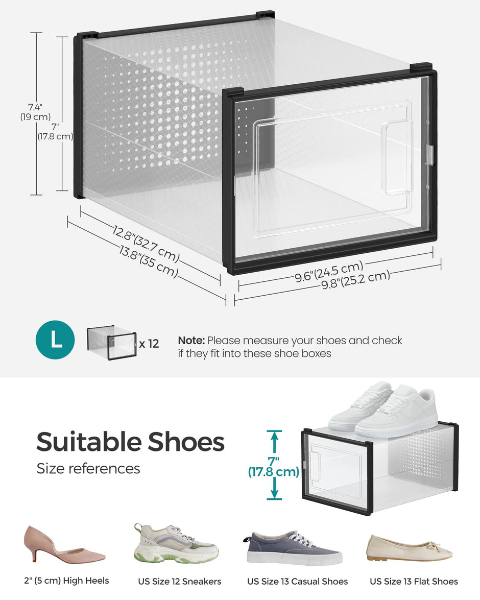 Pack of 12 Stackable Shoe Storage Organisers – Transparent and White – Foldable and Versatile for Sneakers, Fits up to UK Size 9