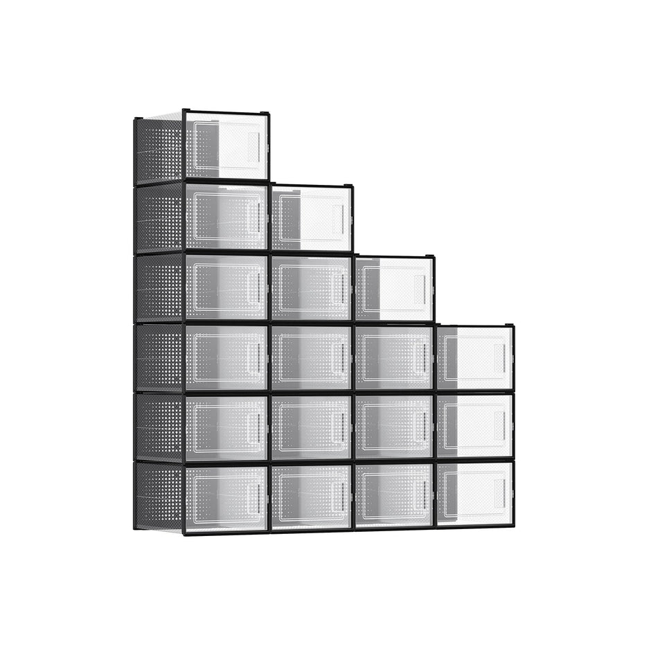 Pack of 18 Stackable Shoe Storage Organisers – Plastic – Transparent and White – Foldable and Versatile for Sneakers, Fits up to UK Size 9