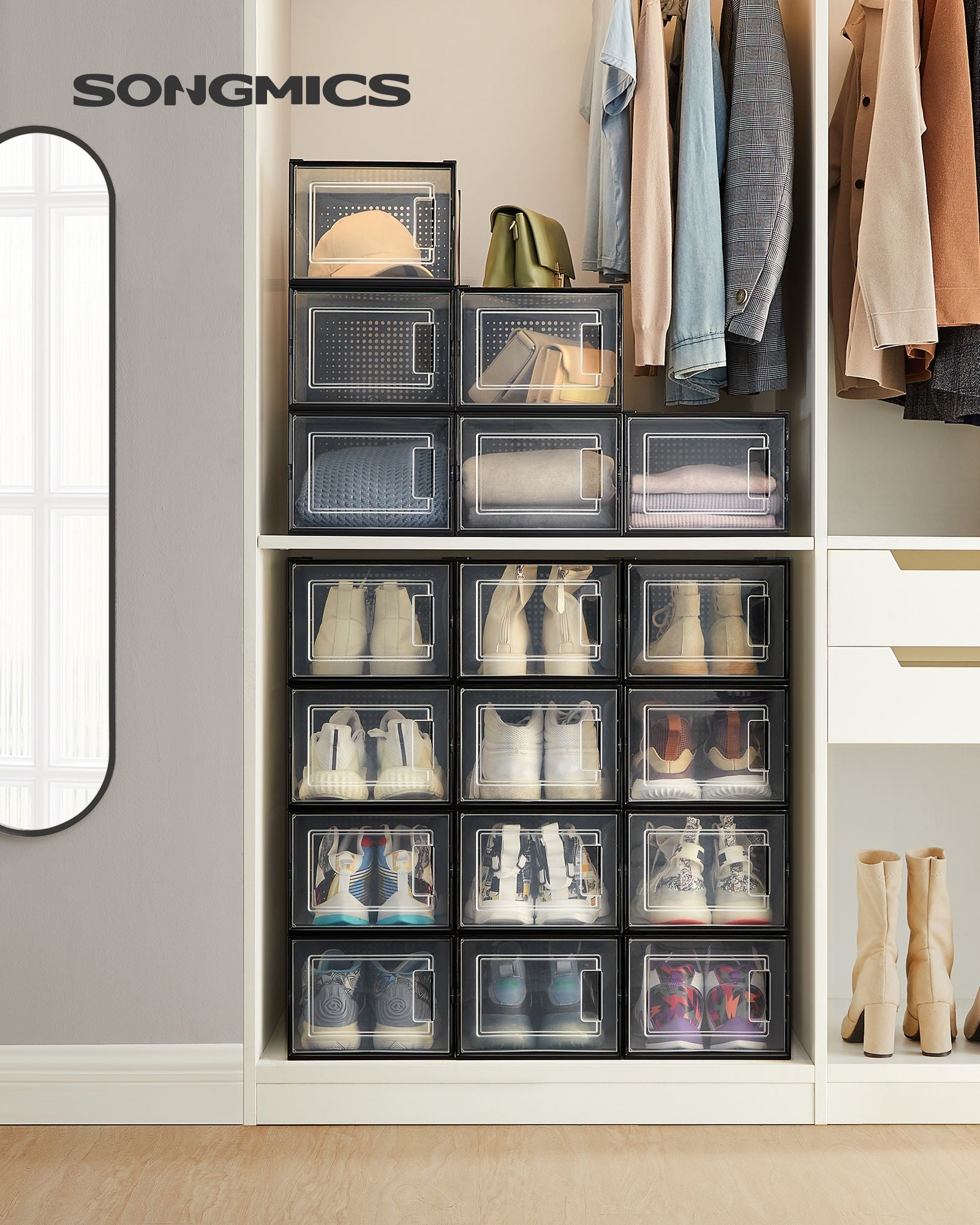 Pack of 18 Stackable Shoe Storage Organisers – Plastic – Transparent and White – Foldable and Versatile for Sneakers, Fits up to UK Size 9
