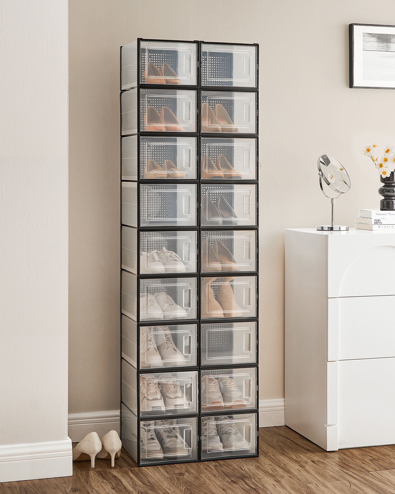 Pack of 18 Stackable Shoe Storage Organisers – Plastic – Transparent and White – Foldable and Versatile for Sneakers, Fits up to UK Size 9