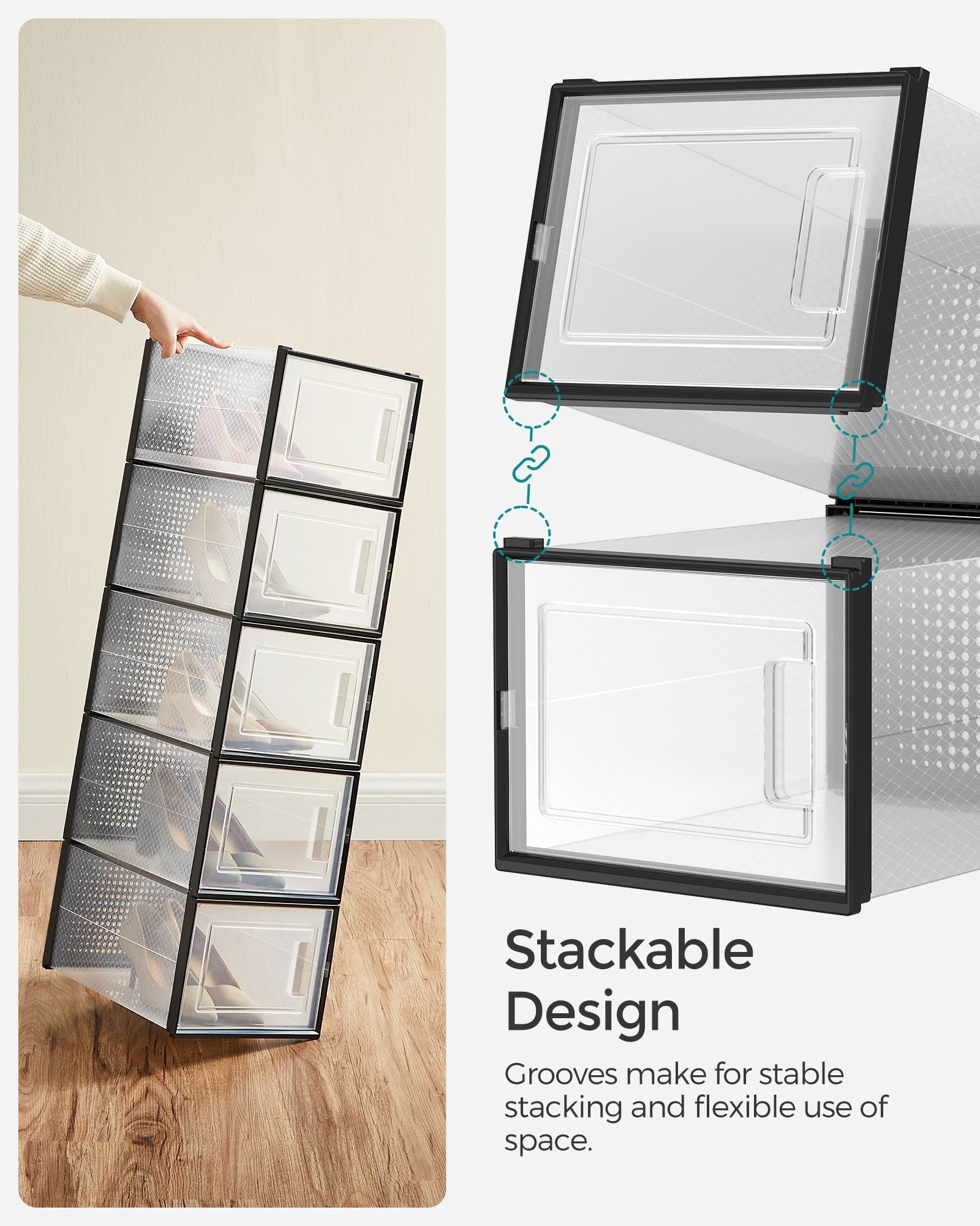 Pack of 18 Stackable Shoe Storage Organisers – Plastic – Transparent and White – Foldable and Versatile for Sneakers, Fits up to UK Size 9