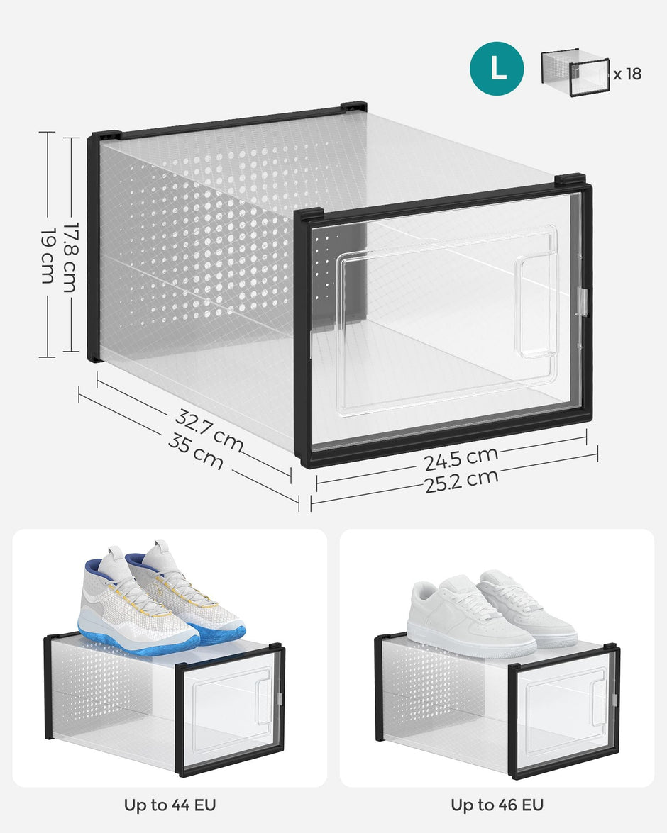 Pack of 18 Stackable Shoe Storage Organisers – Plastic – Transparent and White – Foldable and Versatile for Sneakers, Fits up to UK Size 9