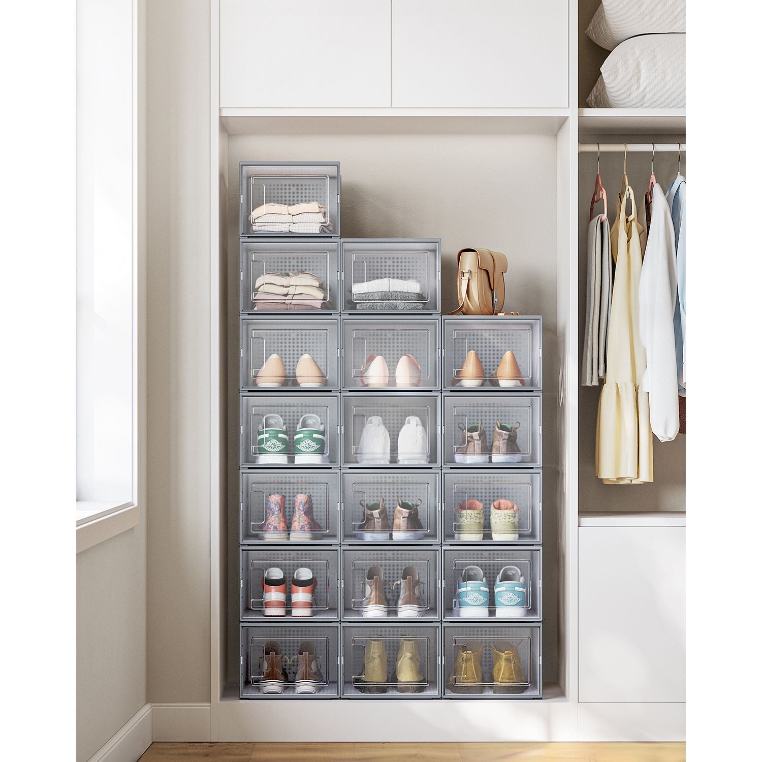Pack of 18 Stackable Shoe Storage Organisers – Plastic – Transparent and White – Foldable and Versatile for Sneakers, Fits up to UK Size 9