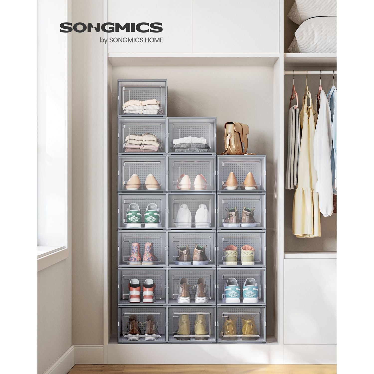 Pack of 18 Stackable Shoe Storage Organisers – Plastic – Transparent and White – Foldable and Versatile for Sneakers, Fits up to UK Size 9