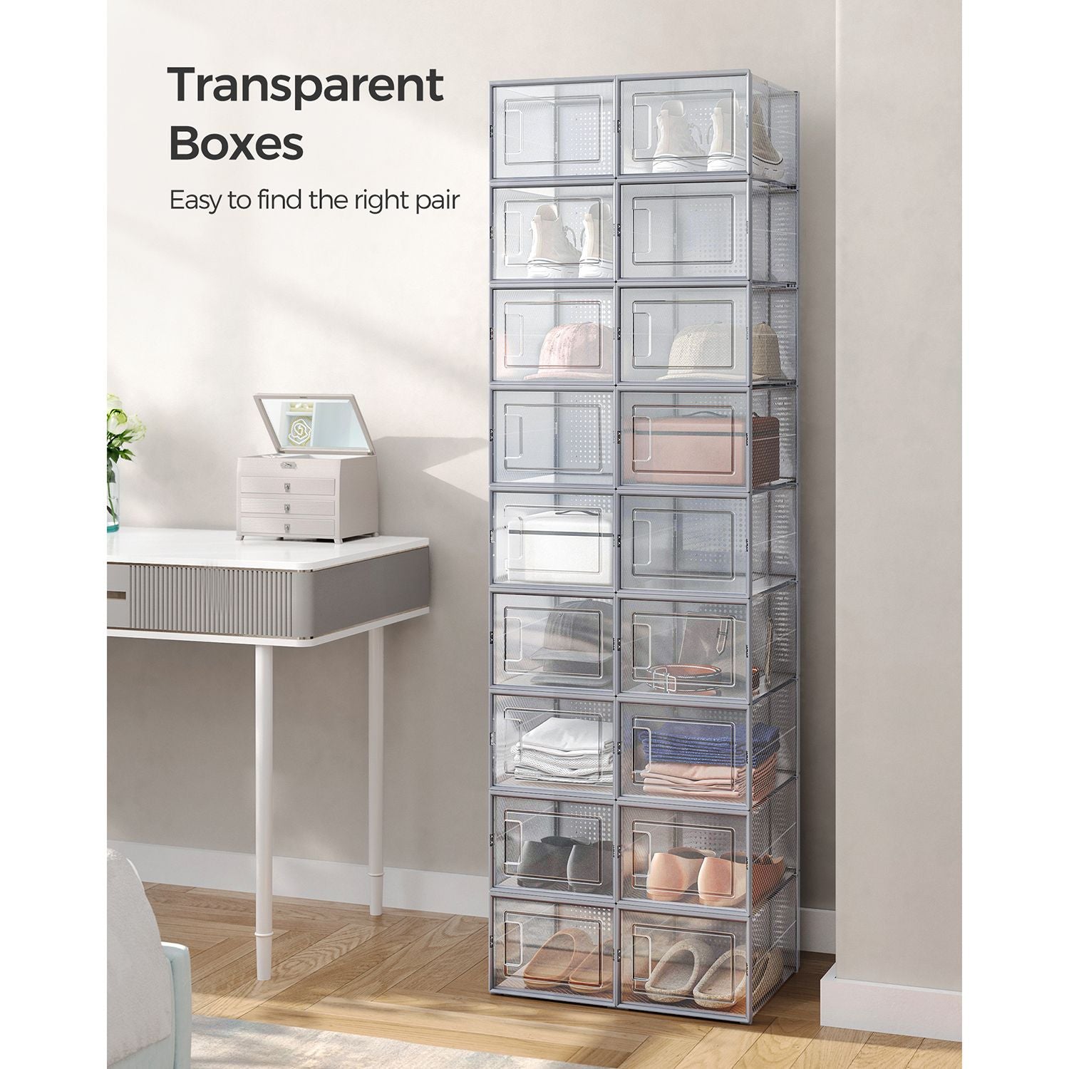 Pack of 18 Stackable Shoe Storage Organisers – Plastic – Transparent and White – Foldable and Versatile for Sneakers, Fits up to UK Size 9