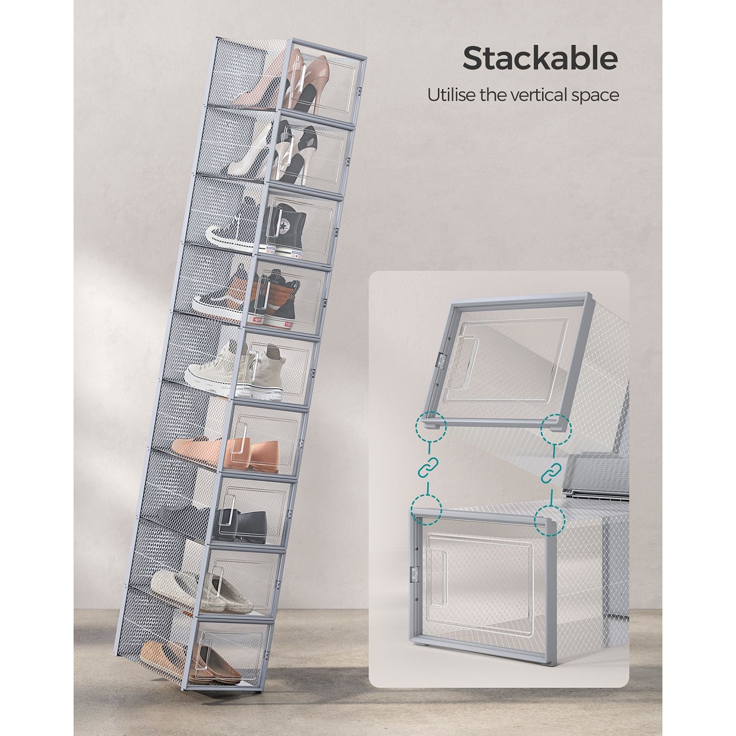 Pack of 18 Stackable Shoe Storage Organisers – Plastic – Transparent and White – Foldable and Versatile for Sneakers, Fits up to UK Size 9