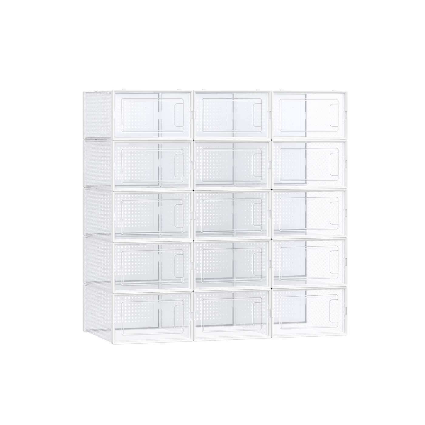 Shoe Storage Boxes – Transparent and White – Pack of 15 – Stackable and Versatile for Sizes Up to UK 9