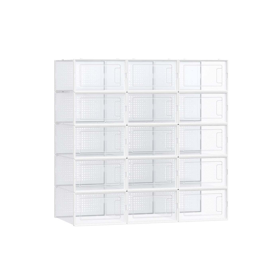 Shoe Storage Boxes – Transparent and White – Pack of 15 – Stackable and Versatile for Sizes Up to UK 9