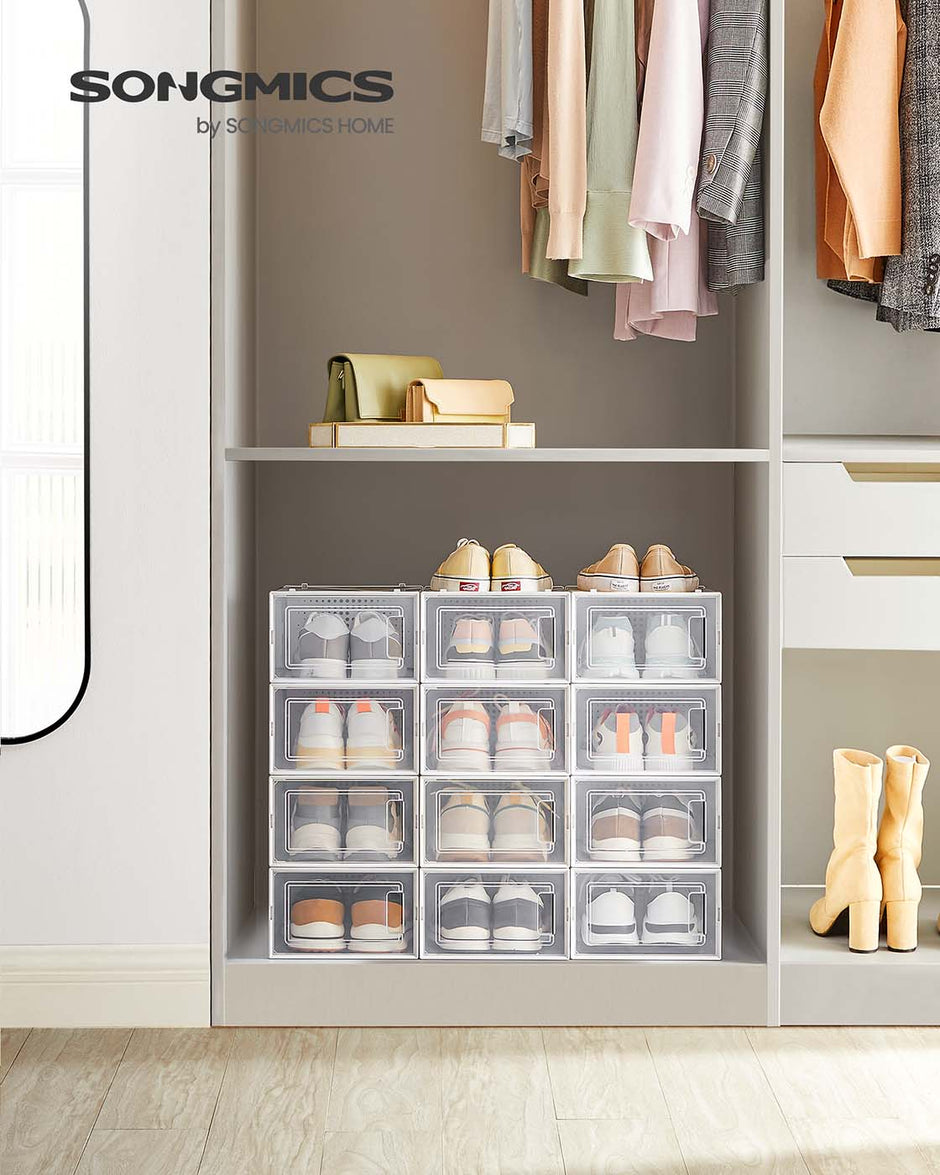 Shoe Storage Boxes – Transparent and White – Pack of 15 – Stackable and Versatile for Sizes Up to UK 9