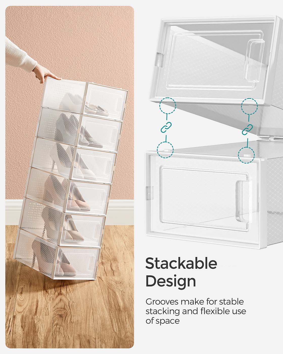 Shoe Storage Boxes – Transparent and White – Pack of 15 – Stackable and Versatile for Sizes Up to UK 9